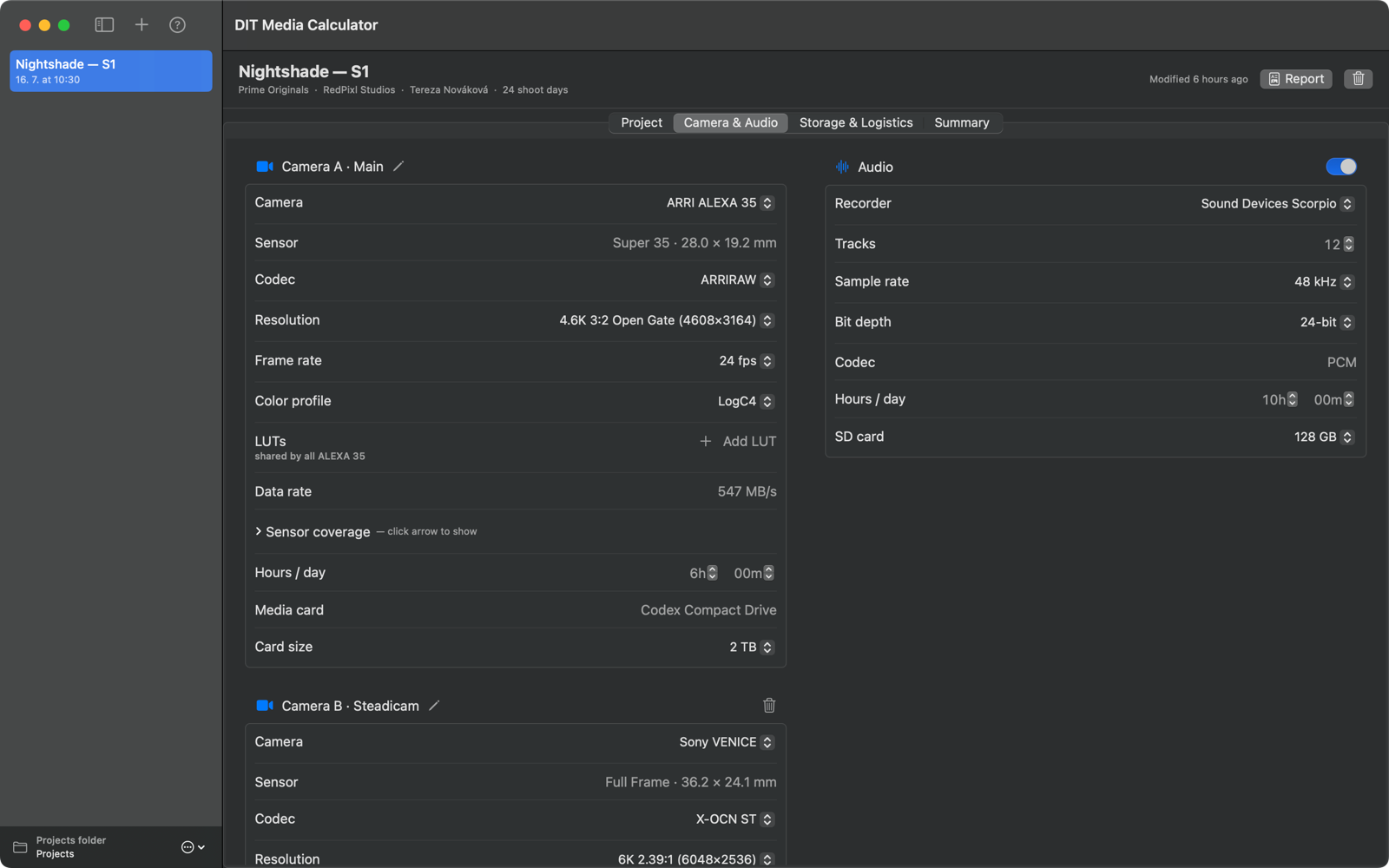 Camera & Audio tab — per-camera resolution, codec and frame-rate specs, plus sound recorder settings