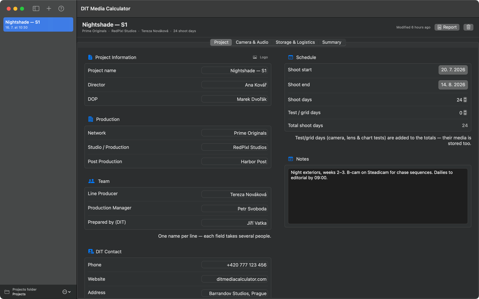 Project tab — production, team, schedule and DIT contact details